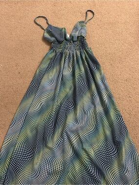 Smocked Spaghetti-Strap Maxi Dress in Green & Blue Wave Print